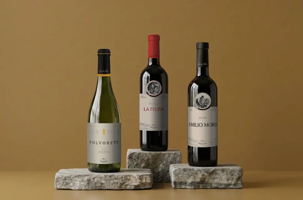 Garrafas de vinho da adega Emilio Moro