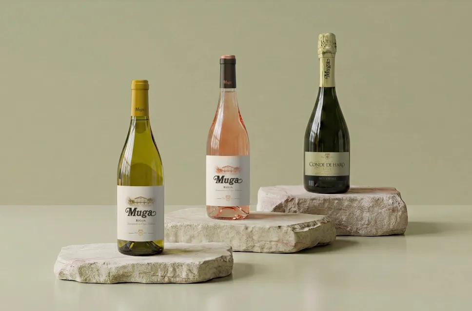 Garrafas de vinho da adega Muga
