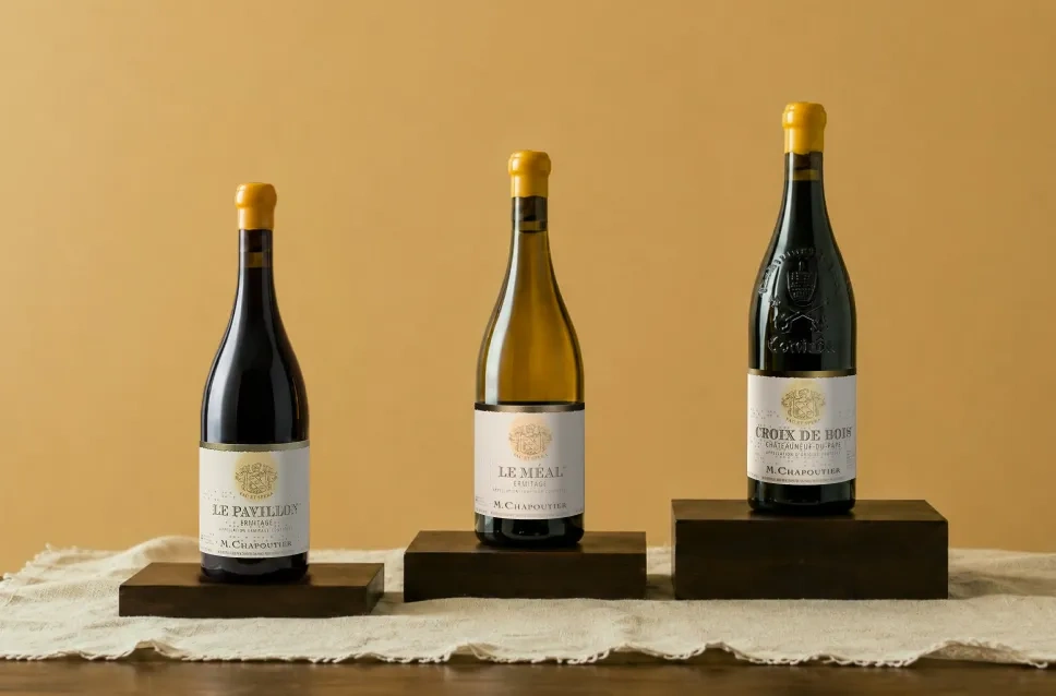 Garrafas de vinho de M. Chapoutier em primeur
