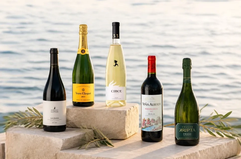 Garrafas de vinho e champanhe com um desconto de 10%