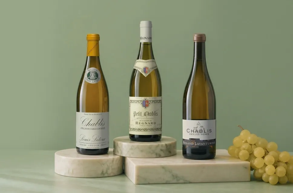 Garrafas de vinho branco Chablis com um desconto de 10%
