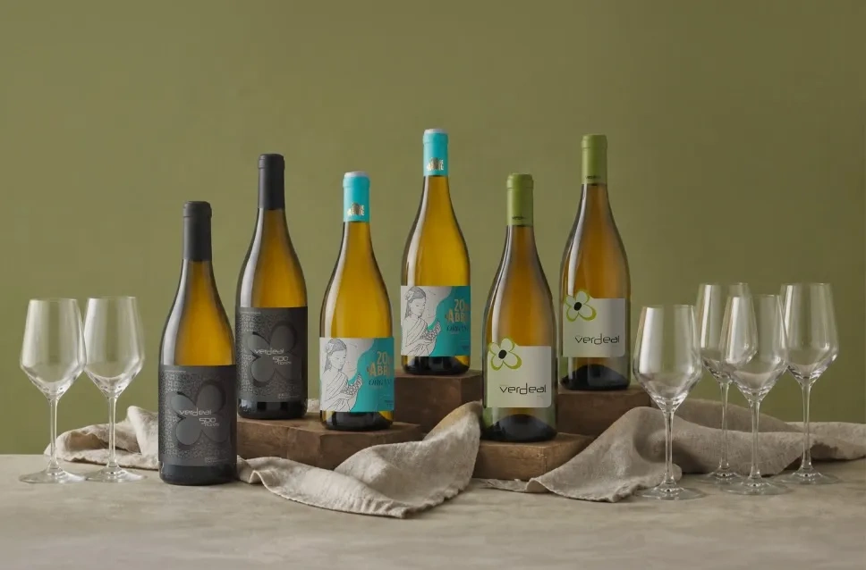 Garrafas de vinho da adega Verdeal e copos de oferta