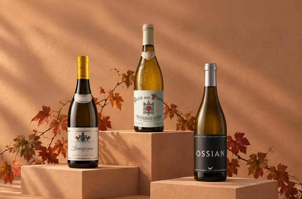 Garrafas de vinho branco para o outono