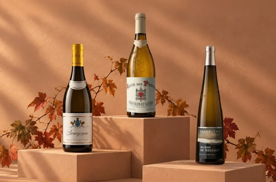 Garrafas de vinho branco para o outono
