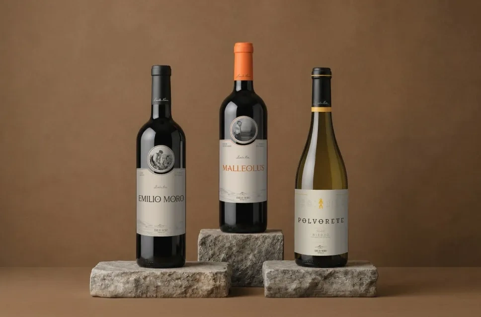 Garrafas de vinho da adega Emilio Moro