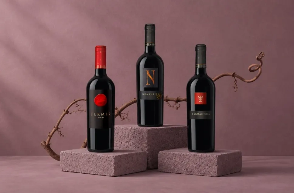 Garrafas de vinho da adega Numanthia