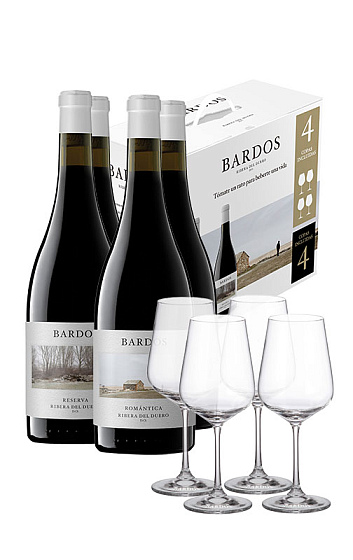 Estuche Bardos Reserva 2018 (x2) y Romantica 2020 (x2) con 4 Copas