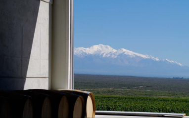 Las montañas nevadas vistas tras el cristal de la bodega